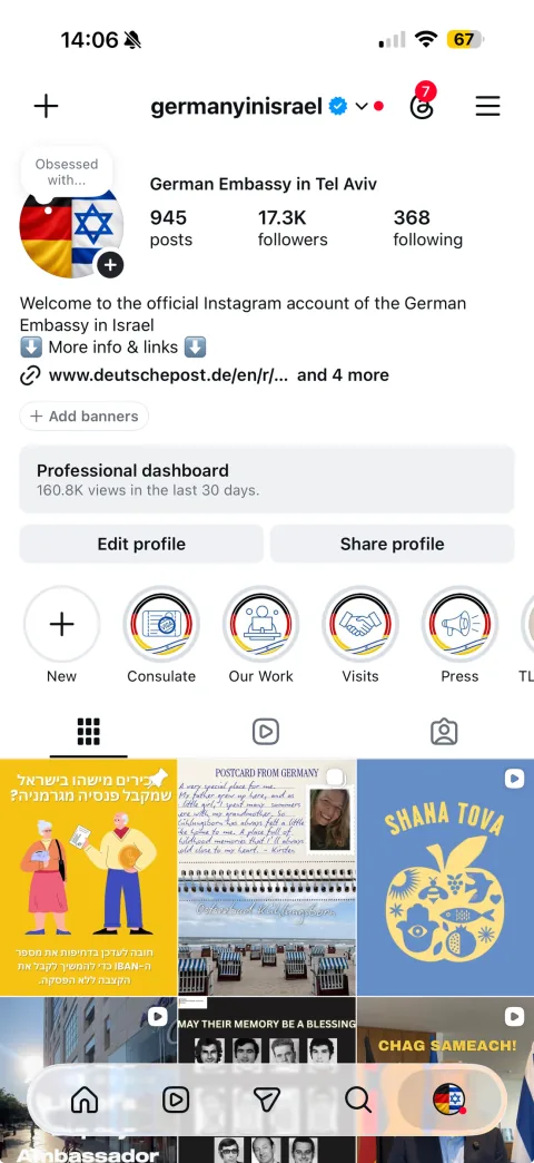 Instagram profile of germanyinisrael, German Embassy in Tel Aviv, showing 945 posts and 17.3K followers